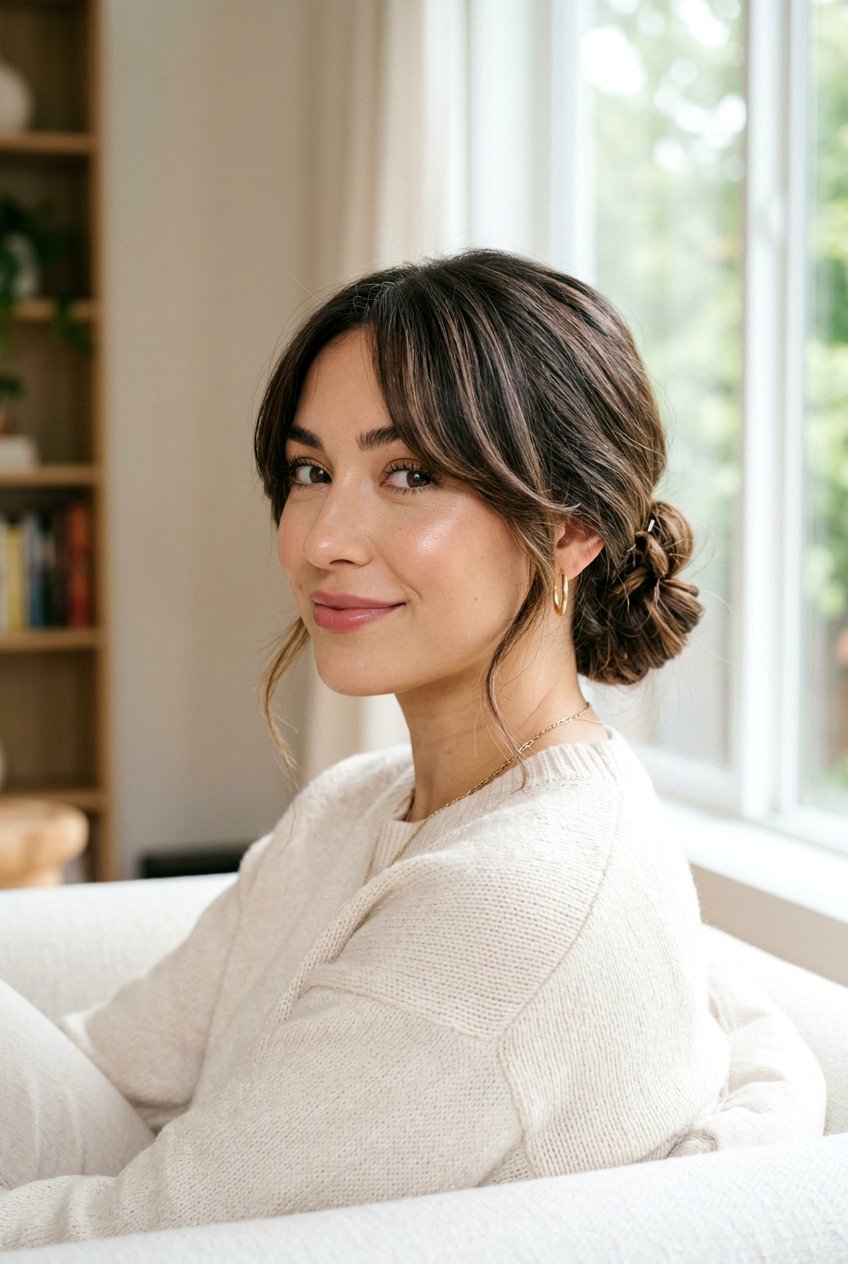 Low bun with curtain bangs - 20 low bun hairstyles - 20 low bun hairstyles