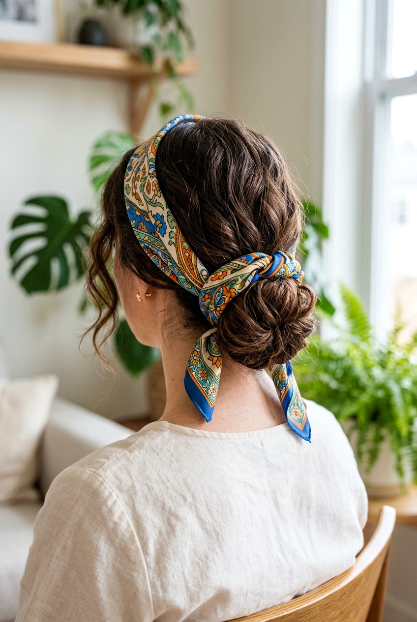 Low bun with silk scarf - 20 low bun hairstyles - 20 low bun hairstyles