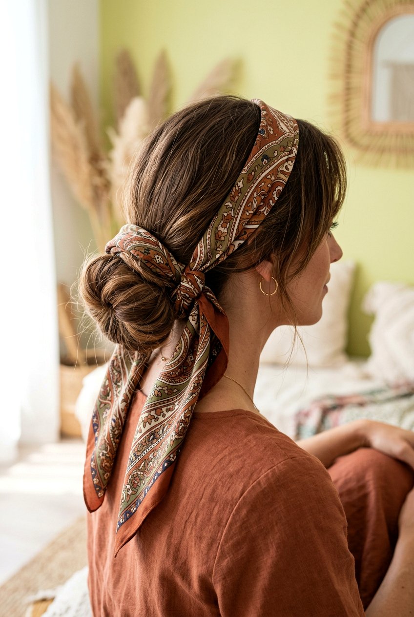 Low chignon with silk scarf - 20 dark academia bun for women - 20 dark academia bun for women