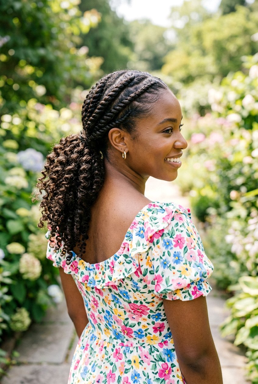 Low flat twist ponytail with curls - 20 flat twists into ponytail - 20 flat twists into ponytail