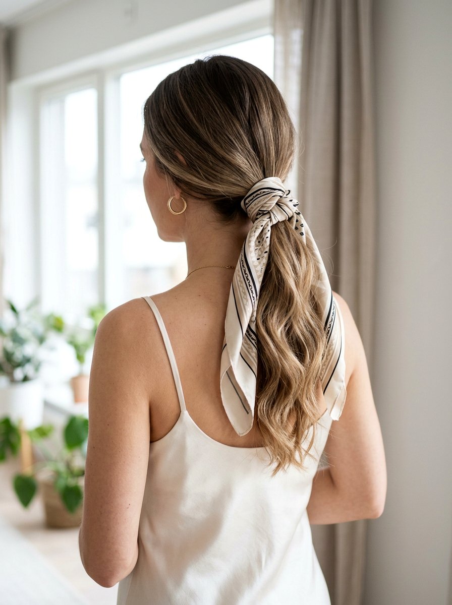 Low knotted ponytail with silk scarf - 20 silk scarf ponytail hairstyle - 20 silk scarf ponytail hairstyle