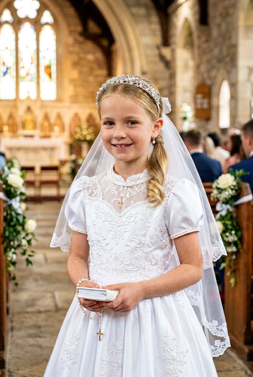 Low ponytail with rhinestone headband - 20 communion ponytail hairstyle - 20 communion ponytail hairstyle