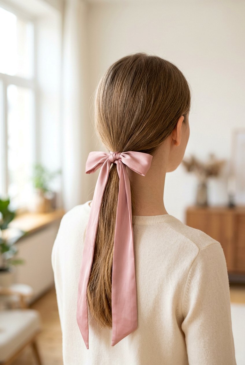 Low ponytail with ribbon - 20 back to school hairstyles for long hair - 20 back to school hairstyles for long hair