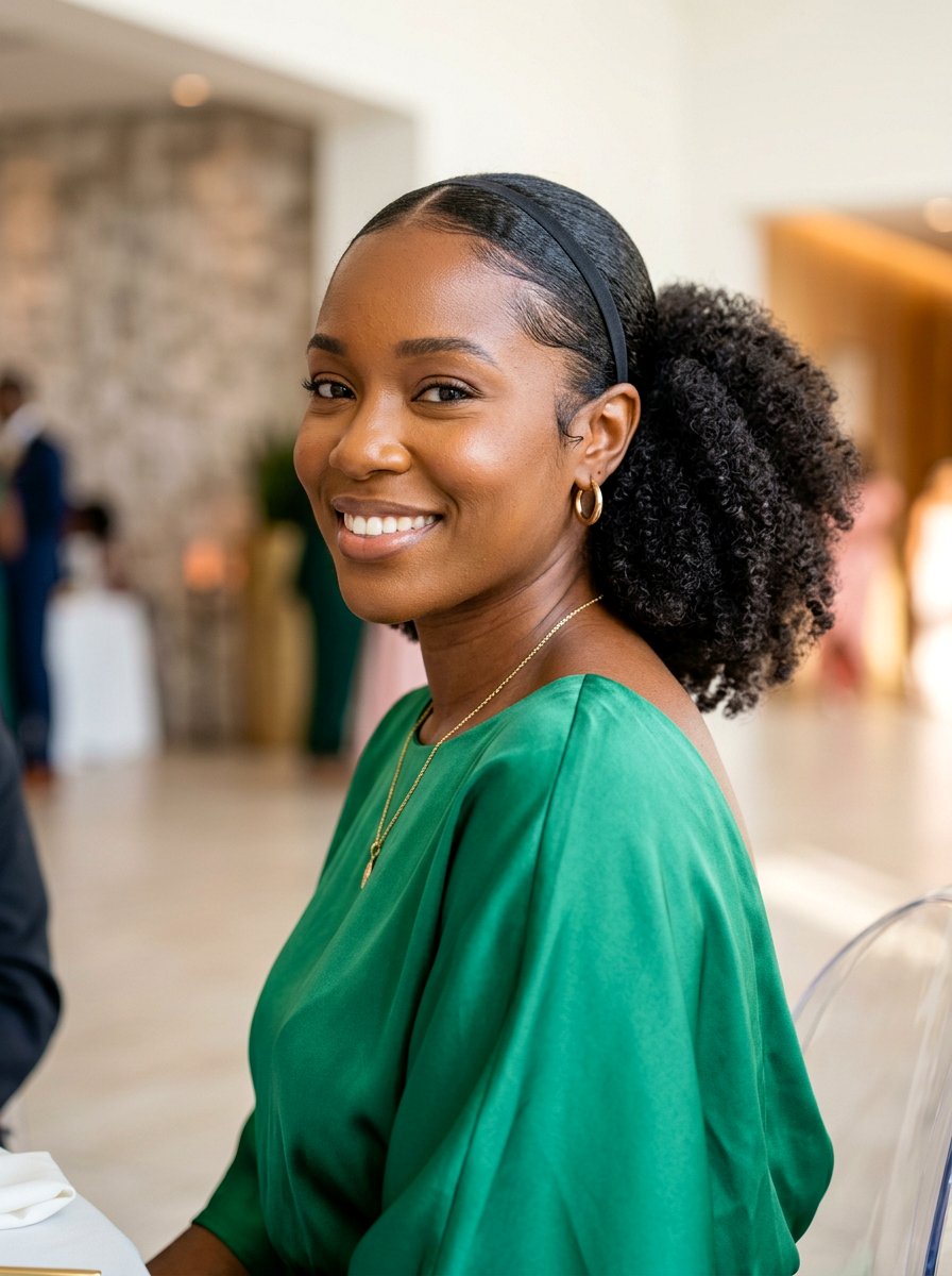 Low sleek bun with natural puff - 20 prom hairstyles for natural hair - 20 prom hairstyles for natural hair