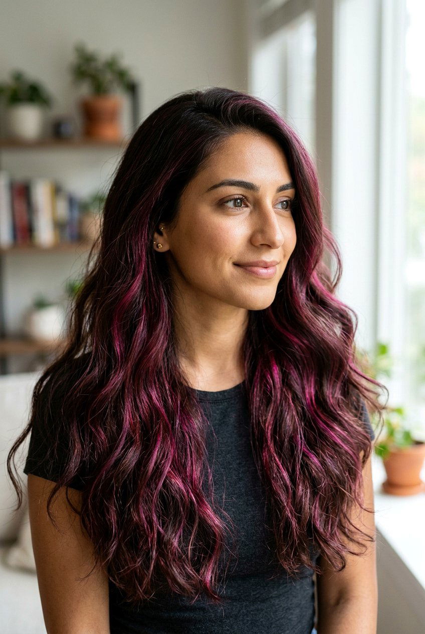 Magenta Highlights on Dark Hair - 20 magenta hair color ideas - 20 magenta hair color ideas