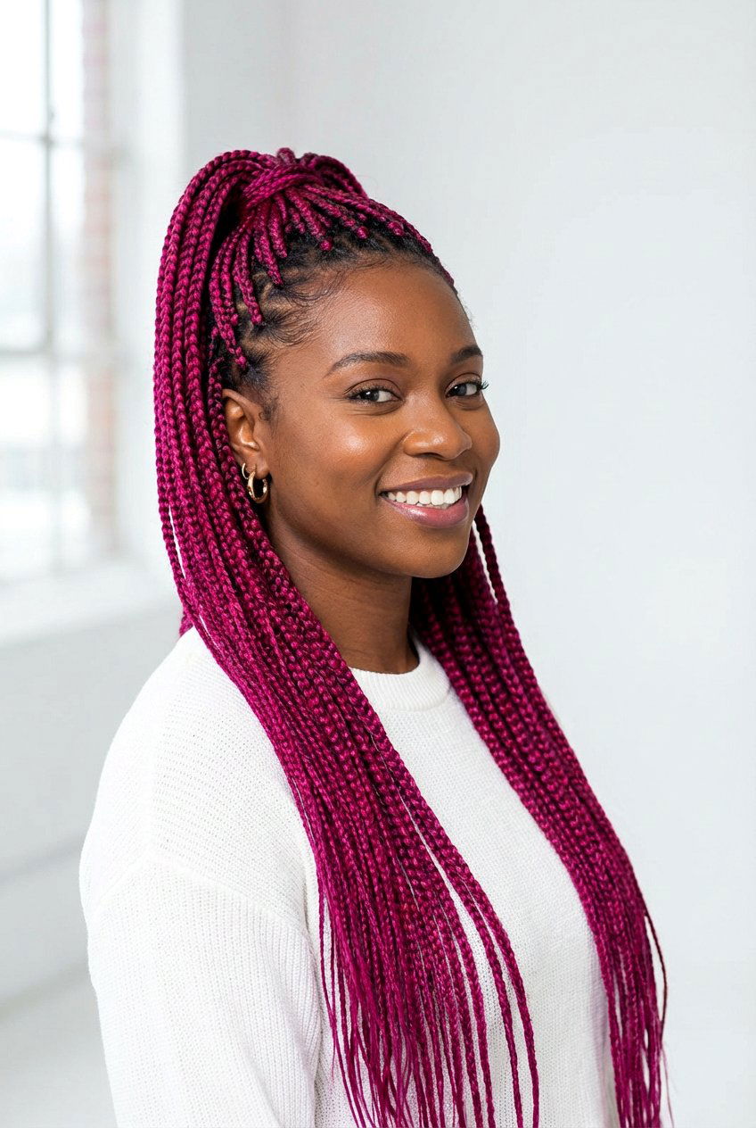 Magenta Knotless Braids - 20 black hairstyles with color - 20 black hairstyles with color