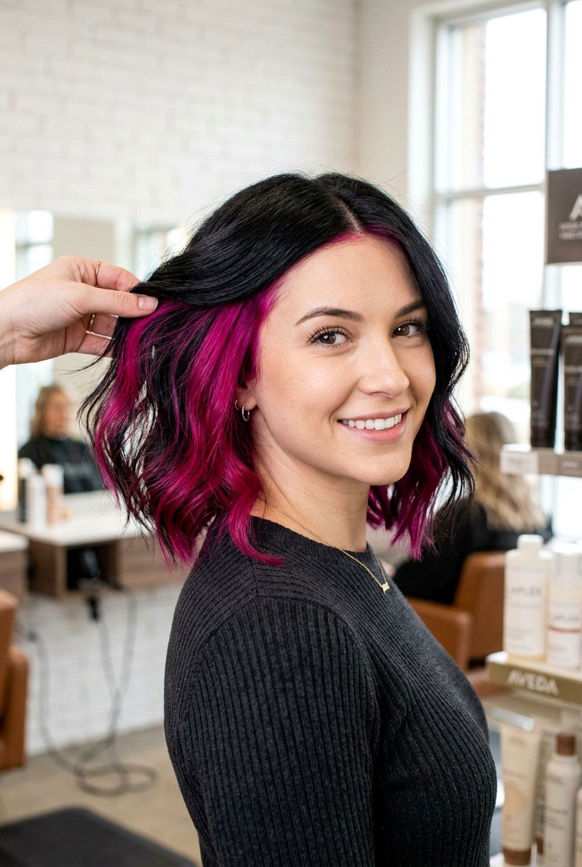 Magenta peekaboo on black hair - 20 peekaboo hair color - 20 peekaboo hair color