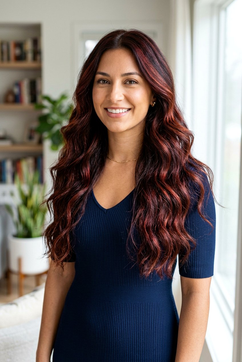 Mahogany Auburn Highlights On Thick Brunette Hair - 20 autumn auburn highlights for brunettes - 20 autumn auburn highlights for brunettes