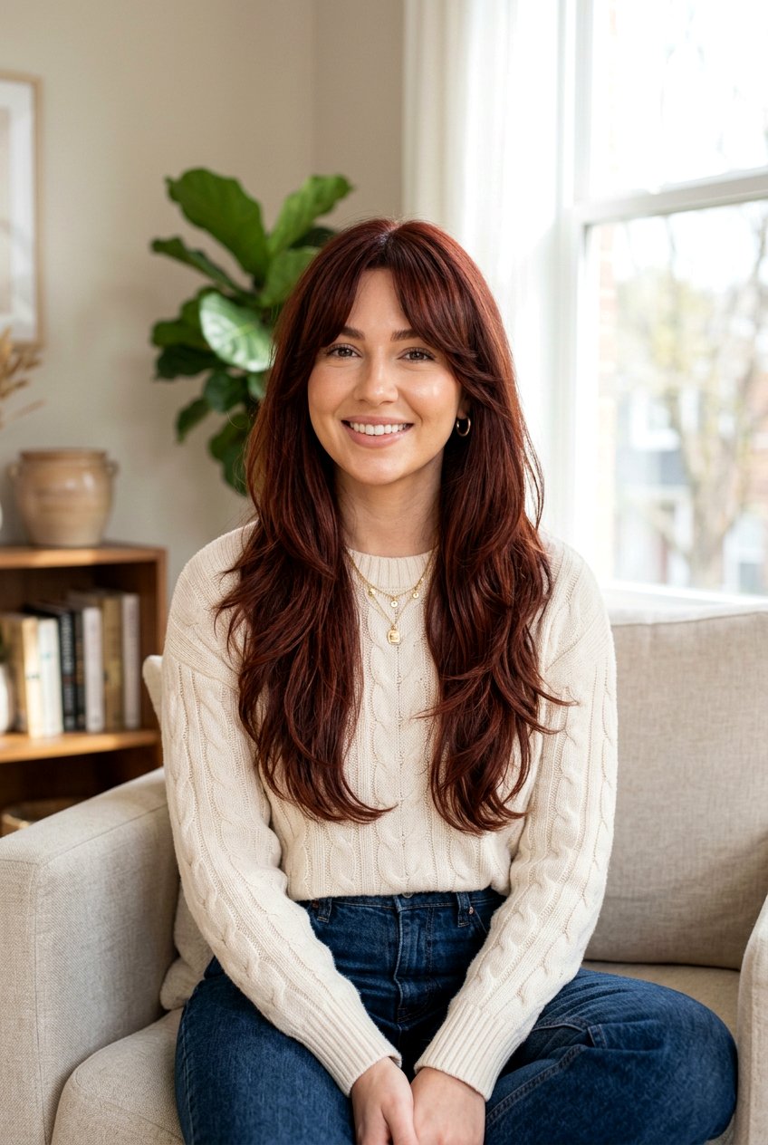 Mahogany Red Brown Curtain Bangs - 20 mahogany red brown hair - 20 mahogany red brown hair