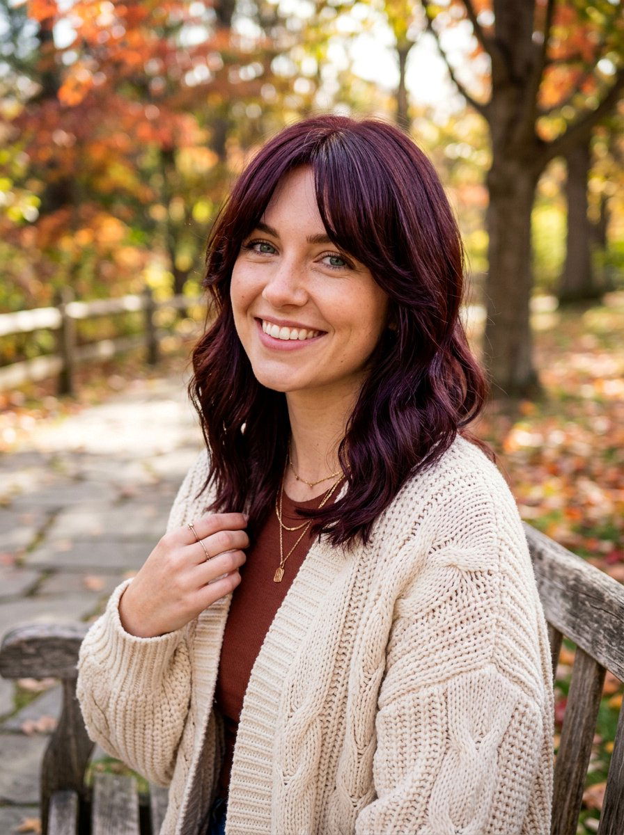 Mahogany Red Gloss Curtain Bangs - 20 red gloss hair color ideas - 20 red gloss hair color ideas