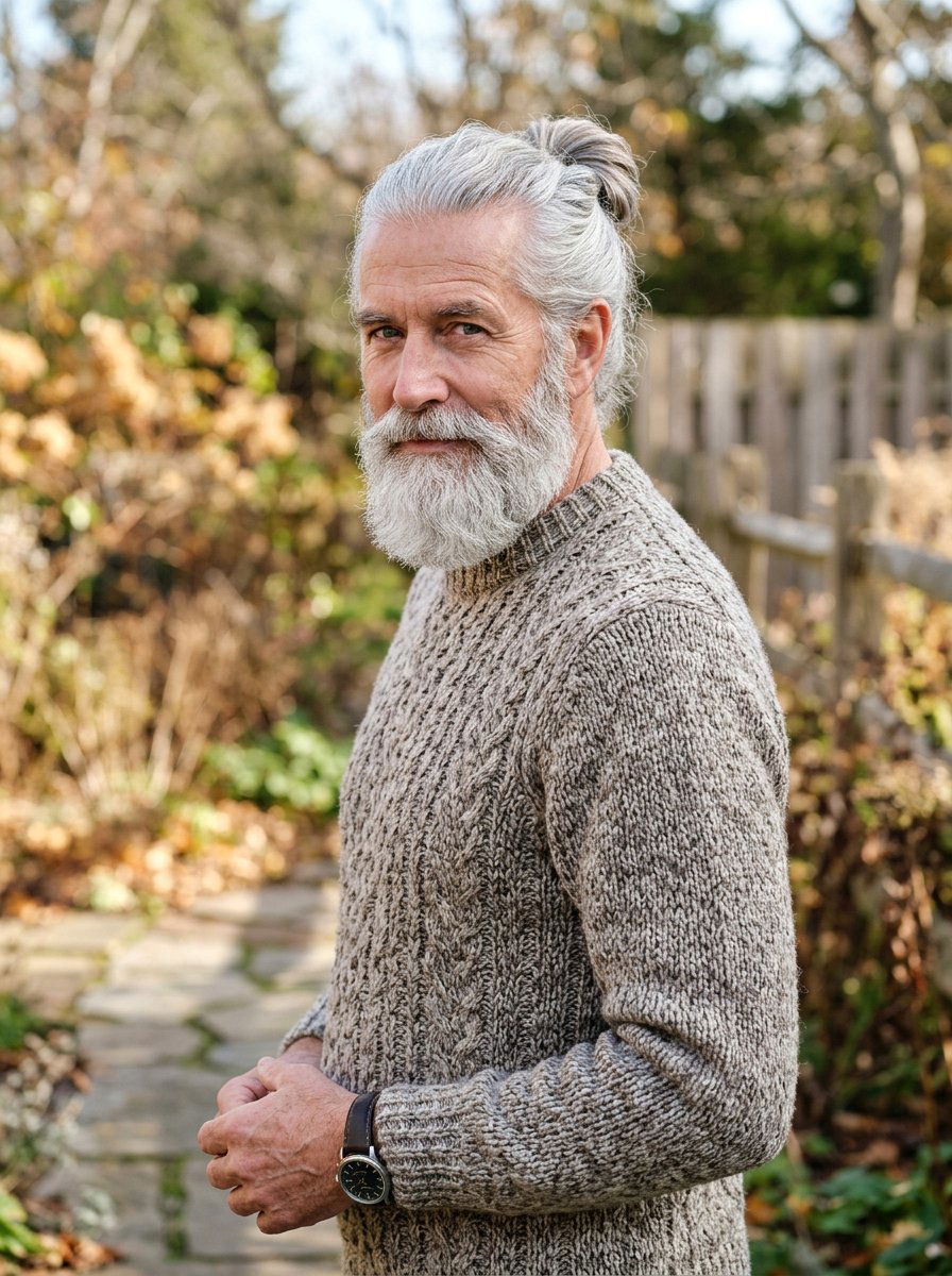 Man Bun With Silver Beard - 20 older men hairstyles with gray hair - 20 older men hairstyles with gray hair