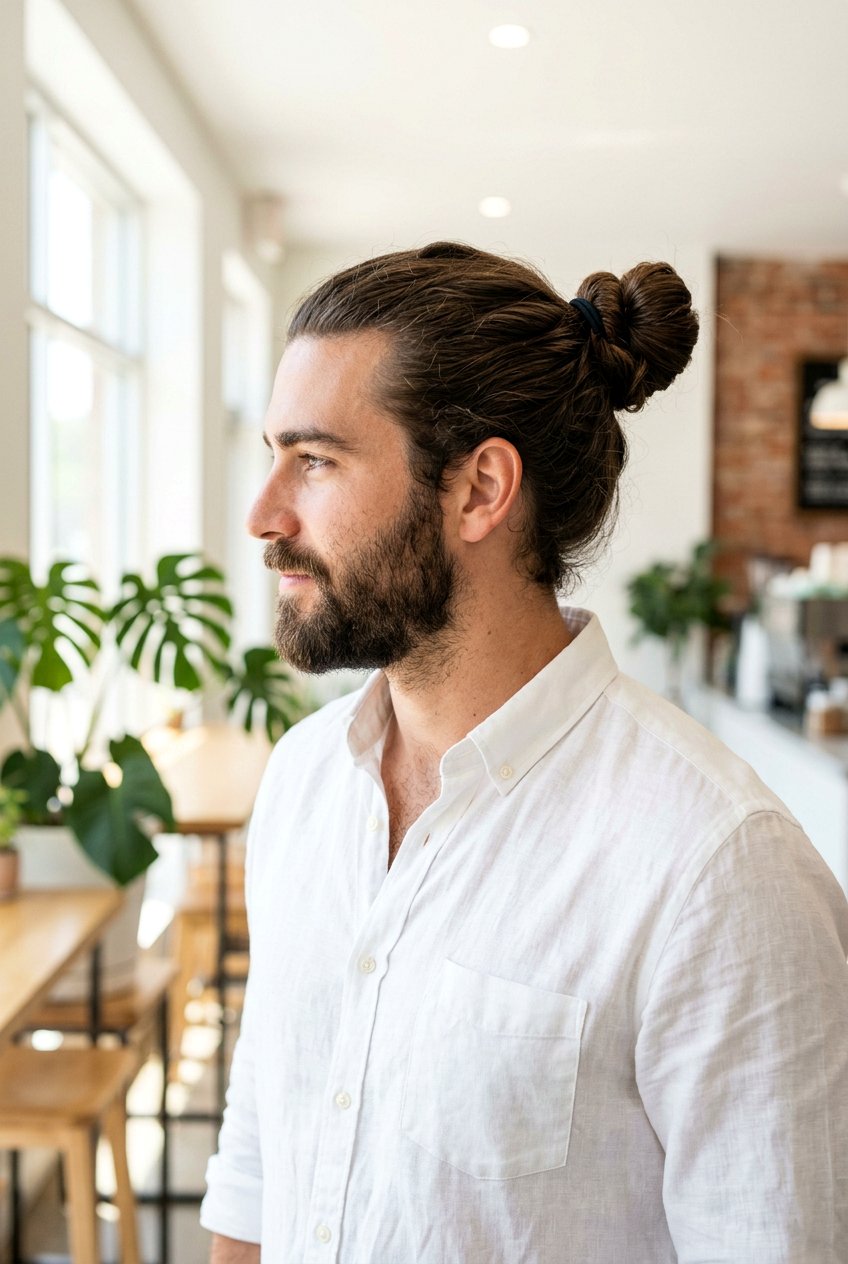 Man bun for long hair - 20 mens haircut for thick straight hair - 20 men’s haircut for thick straight hair