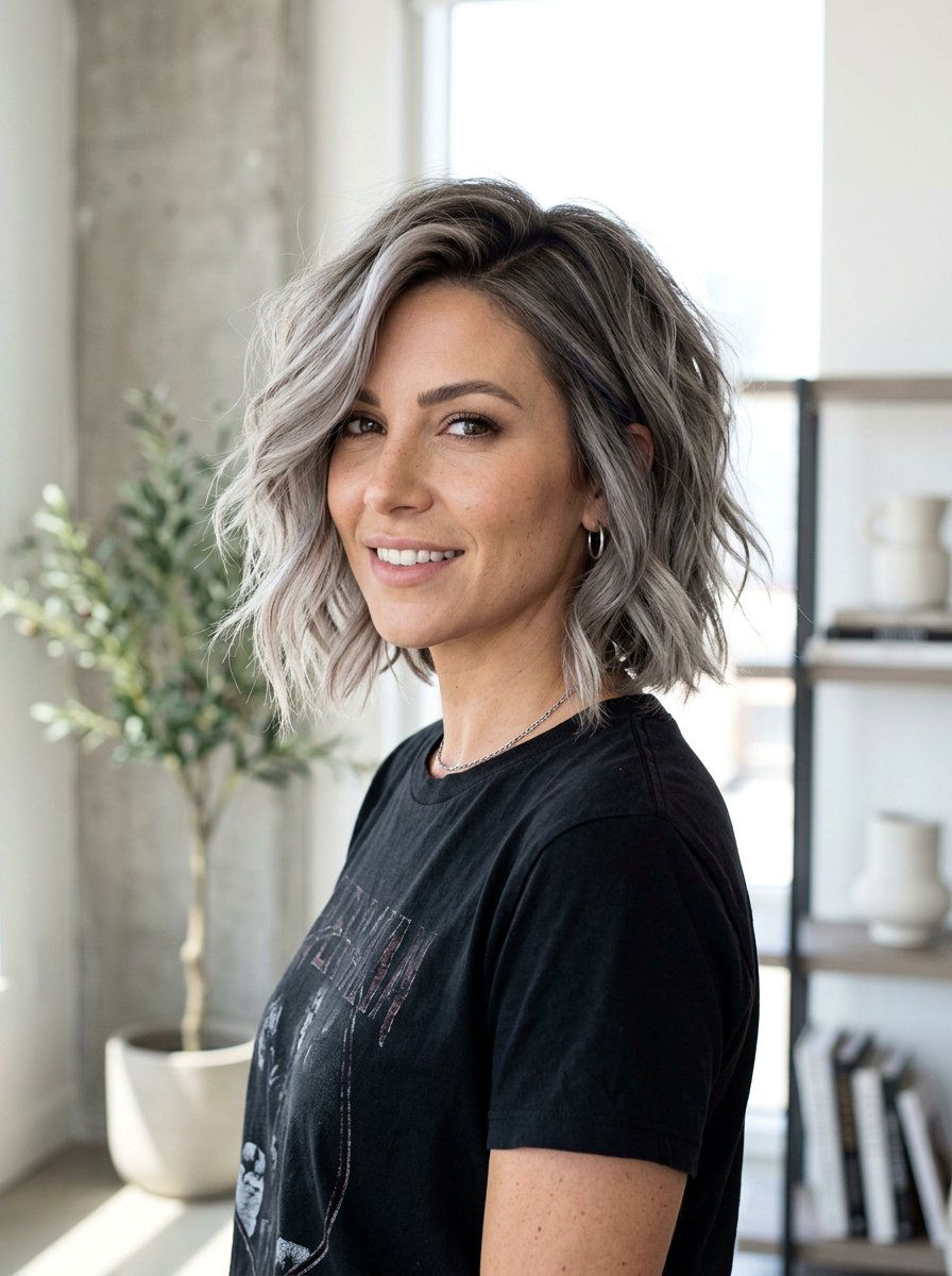 Matte Gray Blonde Balayage Messy Bob - 20 rooted gray blonde balayage - 20 rooted gray blonde balayage