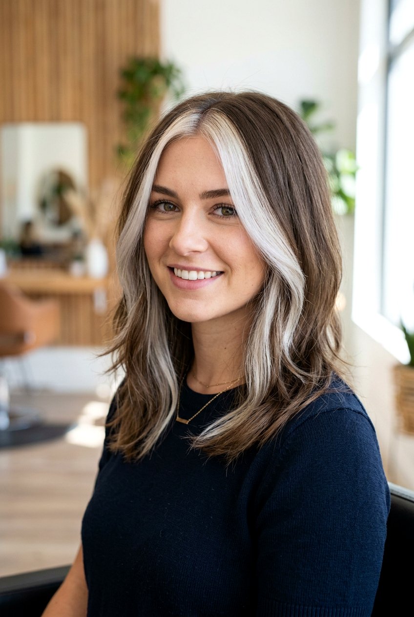 Medium Brown Hair with Icy Blonde Money Piece - 20 brunette hair with blonde money piece - 20 brunette hair with blonde money piece