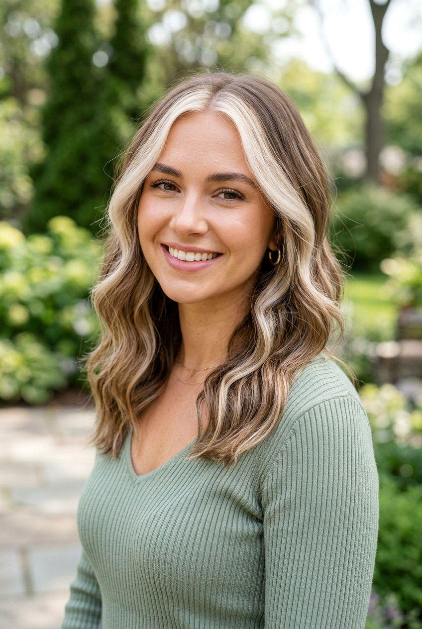 Medium Brunette Hair With Soft Blended Platinum Money Piece - 20 brunette hair with platinum money piece - 20 brunette hair with platinum money piece