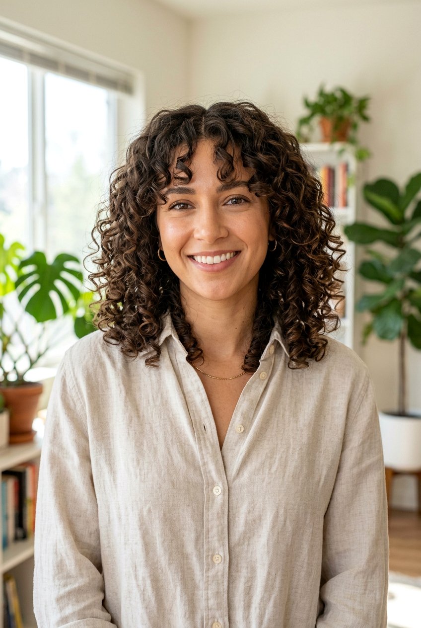 Medium Curly Hair with Curtain Bangs - 20 curly cut with face framing pieces - 20 curly cut with face framing pieces