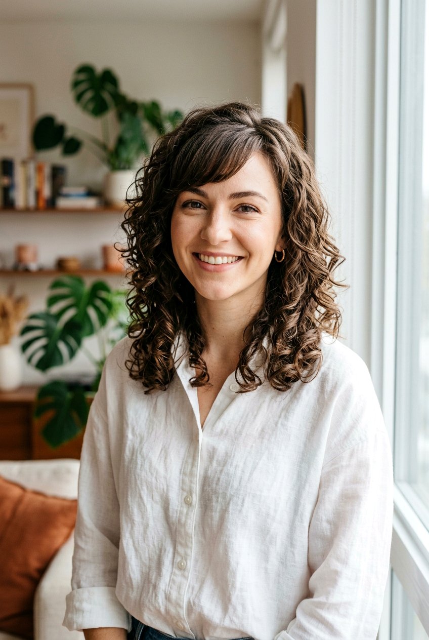 Medium Curly Haircut With Side Swept Bangs For Heart Shaped Face - 20 curly haircut for heart shaped face - 20 curly haircut for heart shaped face