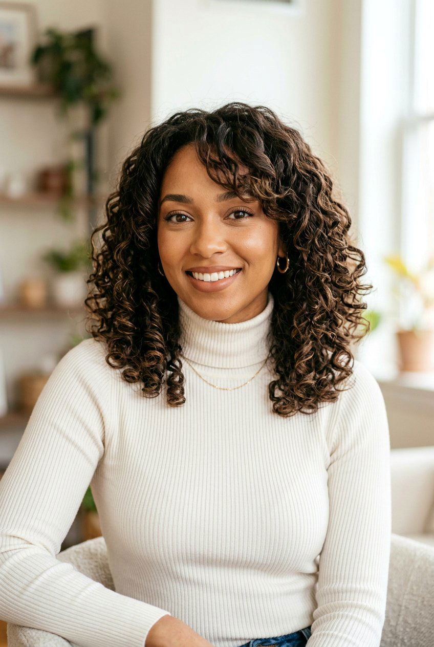 Medium Curly Lob With Side Bangs - 20 curly haircut with side bangs - 20 curly haircut with side bangs