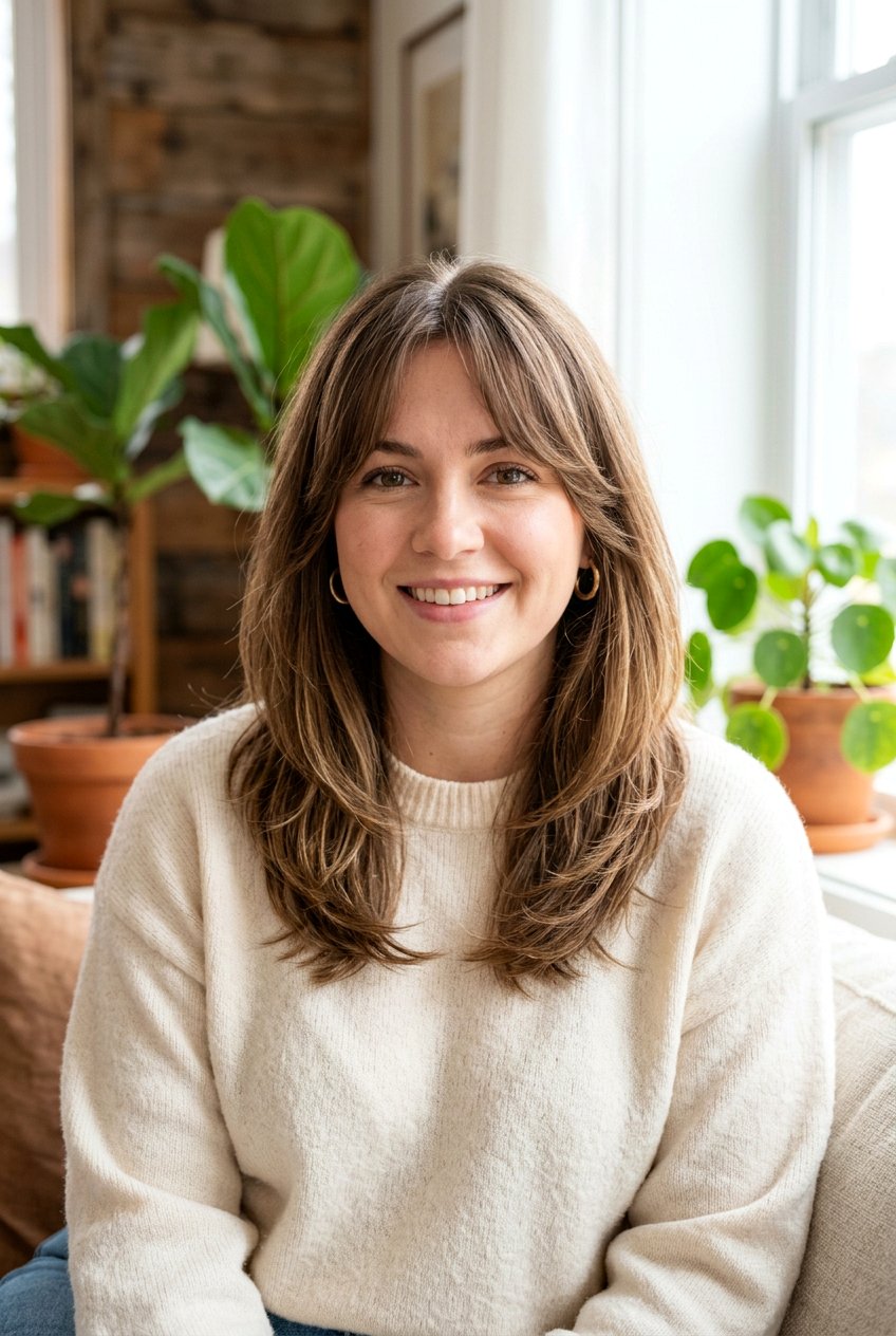 Medium Cut With Layered Curtain Bangs - 20 medium haircut for round face women - 20 medium haircut for round face women