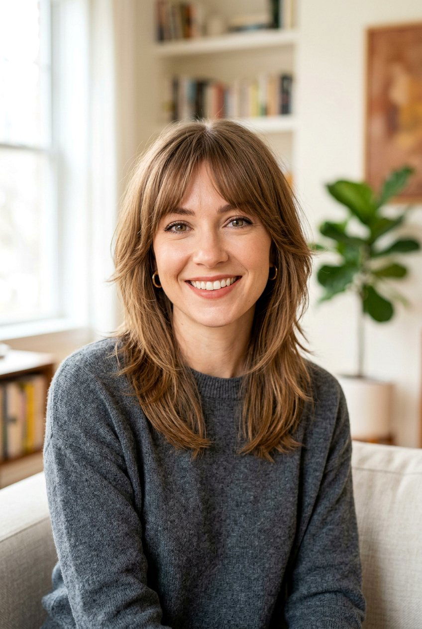 Medium Feathered Cut With Face Framing Bangs - 20 medium haircut with feathered layers - 20 medium haircut with feathered layers