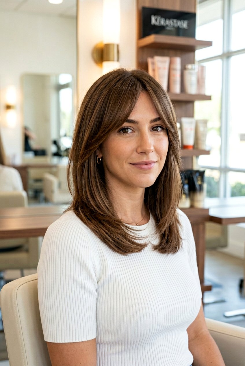 Medium Feathered Cut With Side Swept Bangs - 20 medium haircut with feathered layers - 20 medium haircut with feathered layers