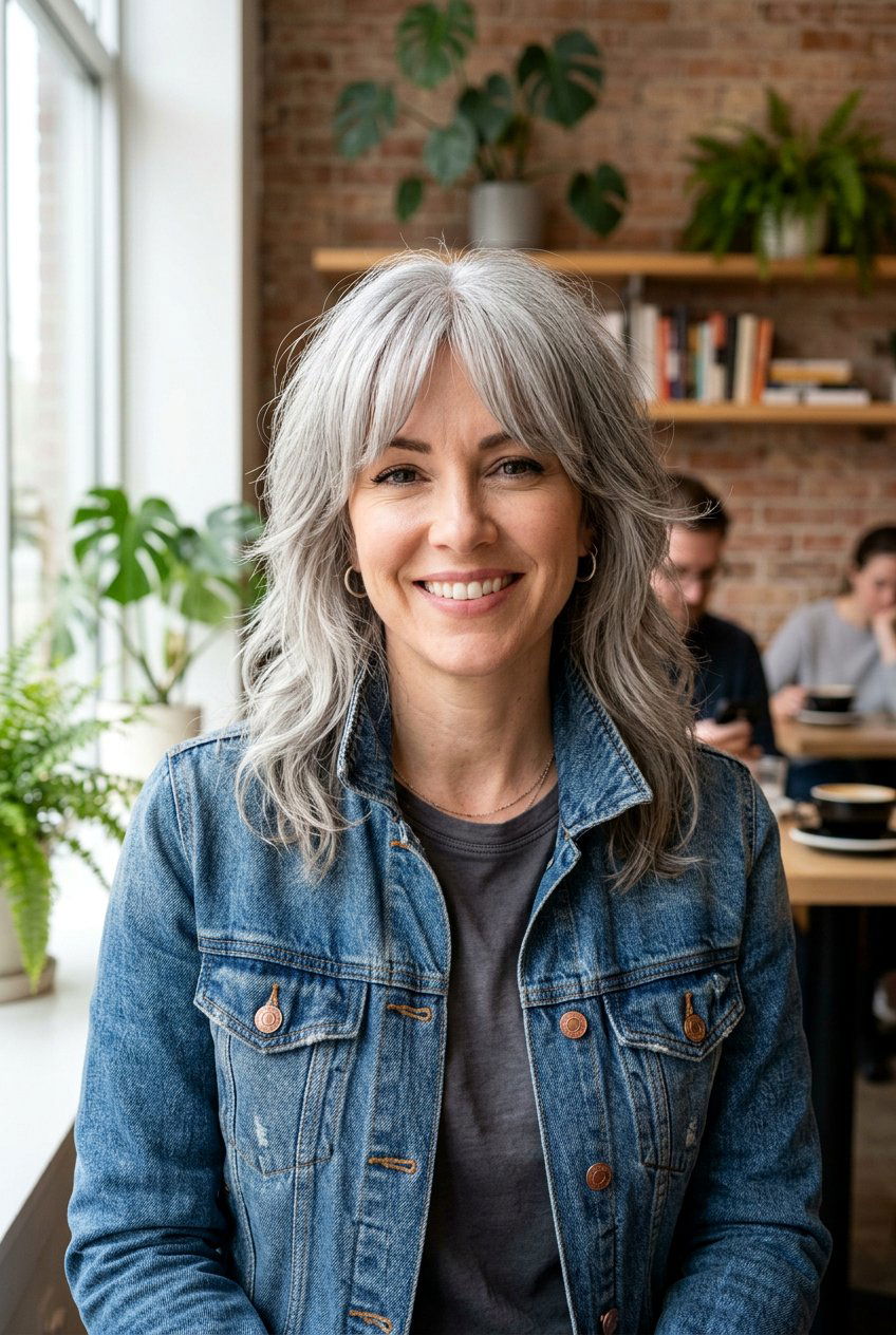 Medium Gray Shag With Curtain Bangs - 20 gray shag haircut for women over 60 - 20 gray shag haircut for women over 60