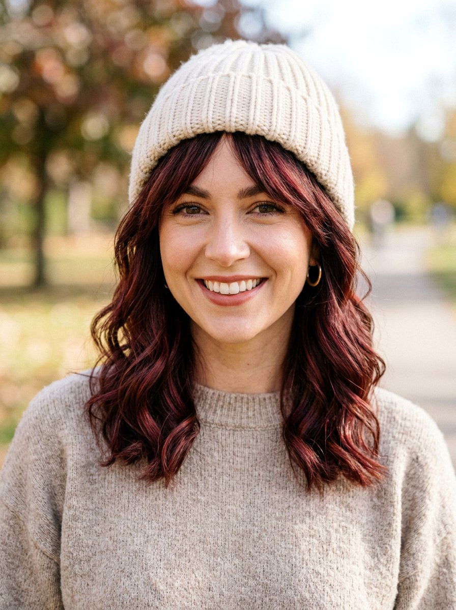 Medium Hair With Curtain Bangs And Cherry Cola Highlights - 20 winter cherry cola highlights - 20 winter cherry cola highlights