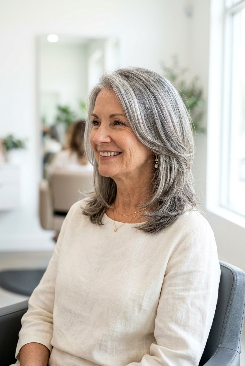 Medium Layered Cut With Gray Blending Over 60 - 20 medium haircut for women over 60 with layers - 20 medium haircut for women over 60 with layers