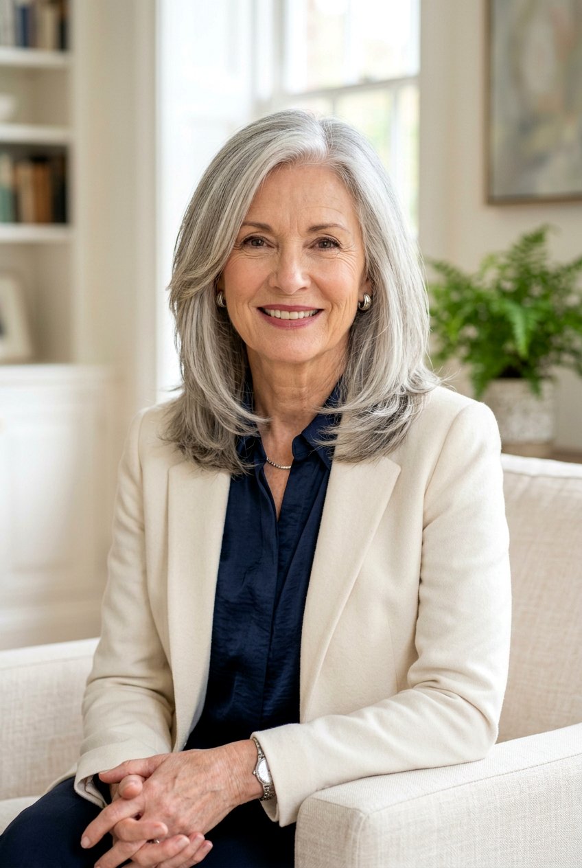 Medium Layered Cut With Natural Gray Hair Over 60 - 20 medium haircut for women over 60 with layers - 20 medium haircut for women over 60 with layers