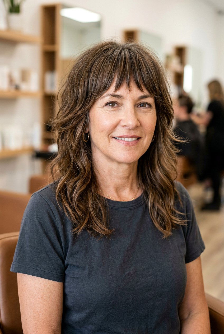 Medium Layered Cut With Textured Bangs For Thick Hair - 20 medium haircut for women over 50 with bangs - 20 medium haircut for women over 50 with bangs