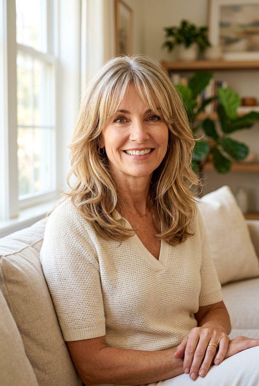 Medium Length Cut With Curtain Bangs And Layers - 20 medium haircut for women over 50 with bangs - 20 medium haircut for women over 50 with bangs