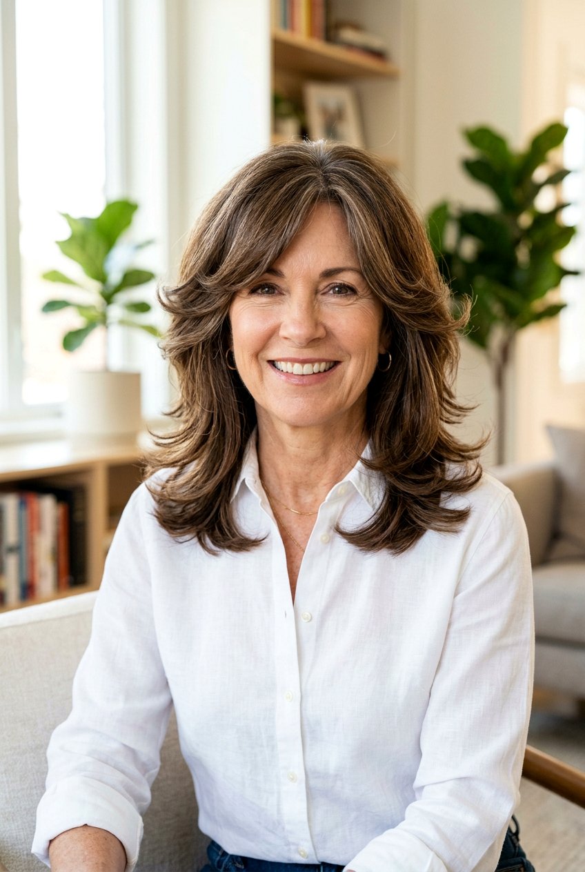 Medium Length Layered Cut With Flipped Bangs - 20 medium haircut for women over 50 with bangs - 20 medium haircut for women over 50 with bangs