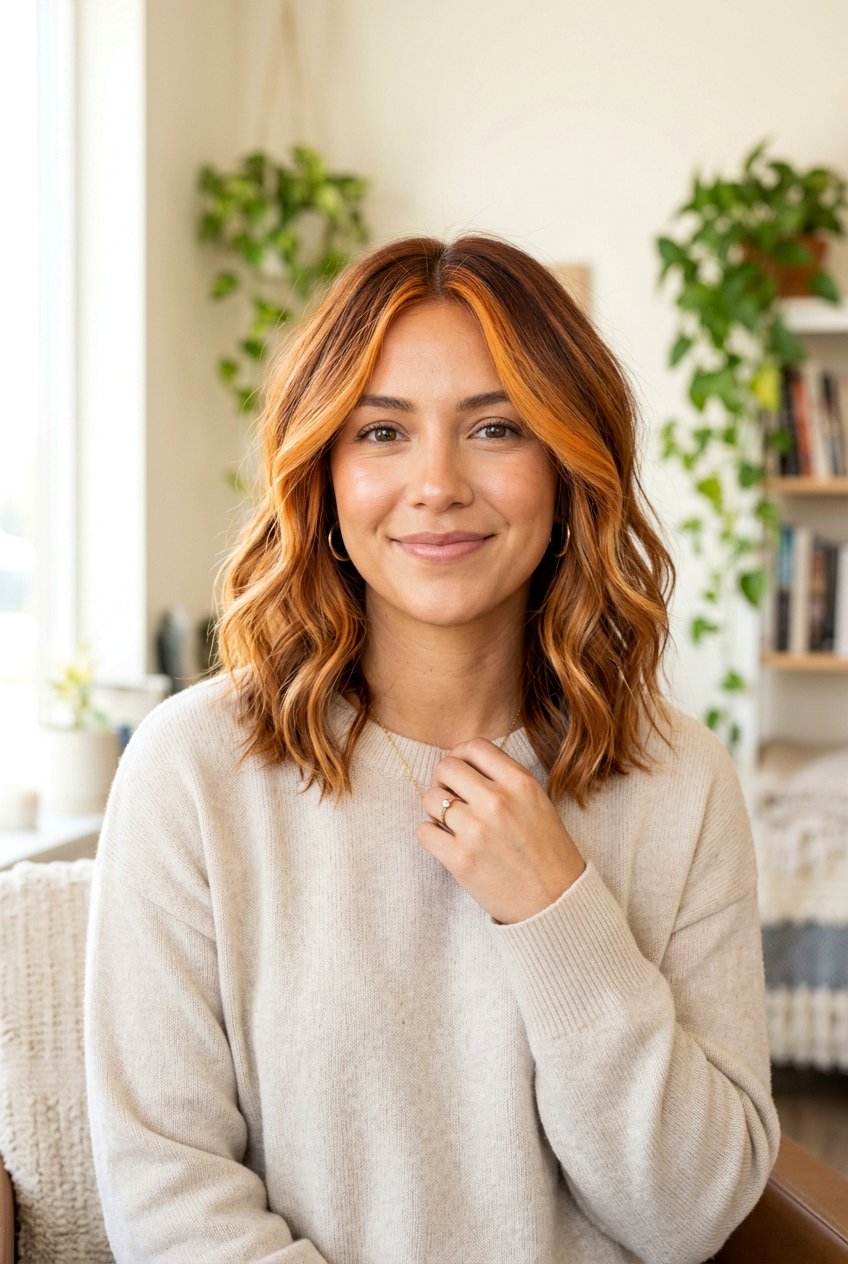Medium Length Pumpkin Copper Balayage Lob - 20 pumpkin copper balayage - 20 pumpkin copper balayage
