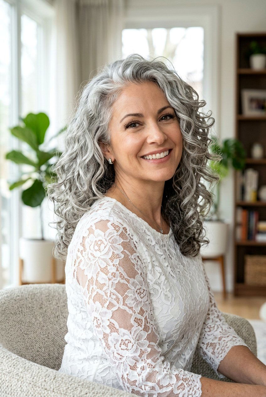 Medium Length Silver Curls - 20 hairstyles for women with naturally gray hair - 20 hairstyles for women with naturally gray hair