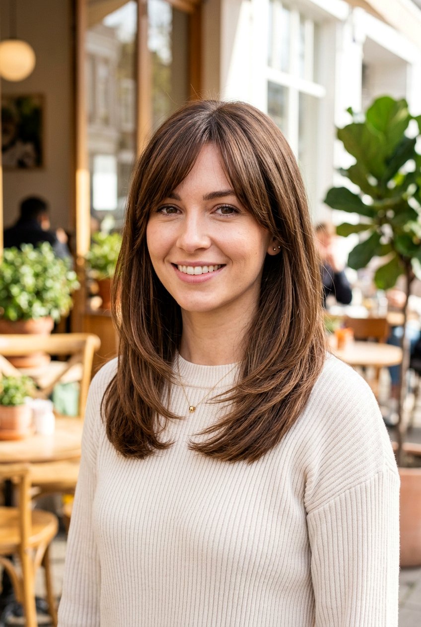 Medium Straight Layered Haircut With Side Fringe - 20 medium haircut with side fringe - 20 medium haircut with side fringe