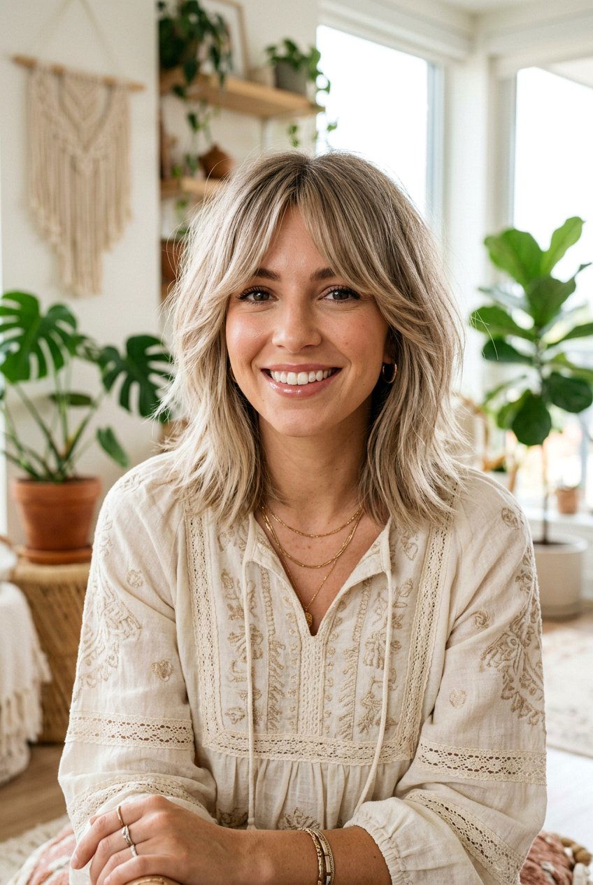 Medium Textured Cut With Long Curtain Bangs - 20 low maintenance medium haircut with bangs - 20 low maintenance medium haircut with bangs