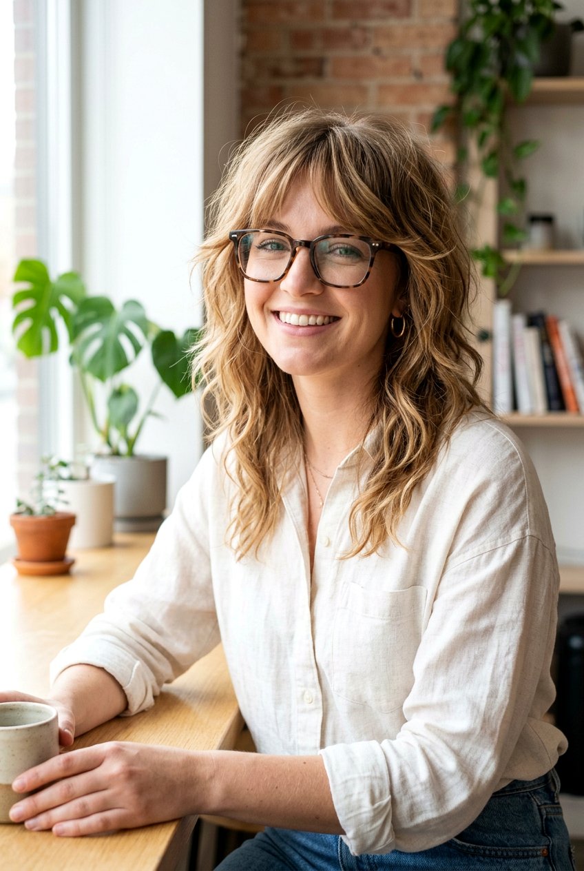 Medium Textured Shag With Square Glasses - 20 medium shag for women with glasses - 20 medium shag for women with glasses