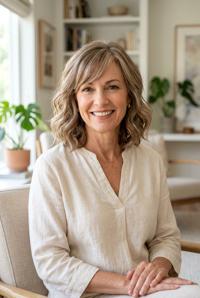 Medium Wavy Bob With Side Swept Bangs - 20 medium haircut for women over 50 with bangs - 20 medium haircut for women over 50 with bangs