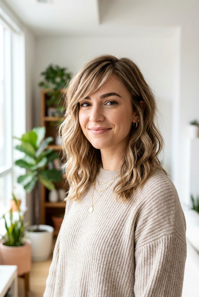 Medium Wavy Haircut With Asymmetrical Bangs - 20 medium wavy haircut with bangs - 20 medium wavy haircut with bangs