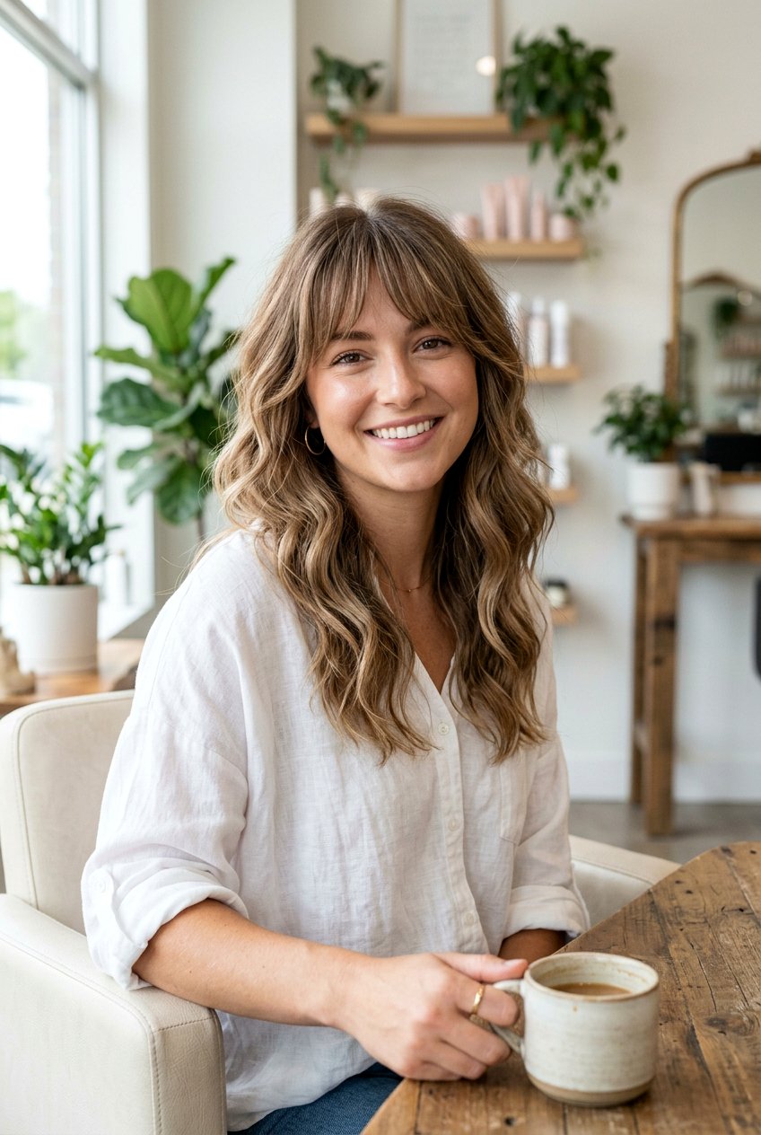 Medium Wavy Haircut With Feathered Bangs - 20 medium wavy haircut with bangs - 20 medium wavy haircut with bangs