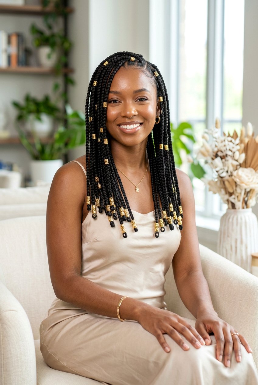 Medium knotless braids with gold beads - 20 waist length knotless braids with beads - 20 waist length knotless braids with beads