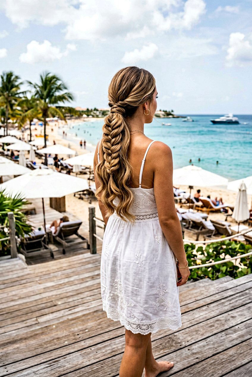 Mermaid Braided Low Ponytail With Flowing Waves - 20 braided low ponytail with waves - 20 braided low ponytail with waves