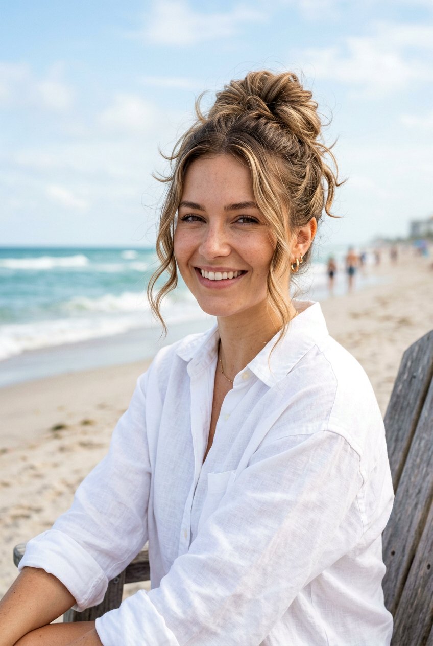 Messy Beach Bun With Face Framing Pieces - 20 beach hairstyle for vacation photos - 20 beach hairstyle for vacation photos