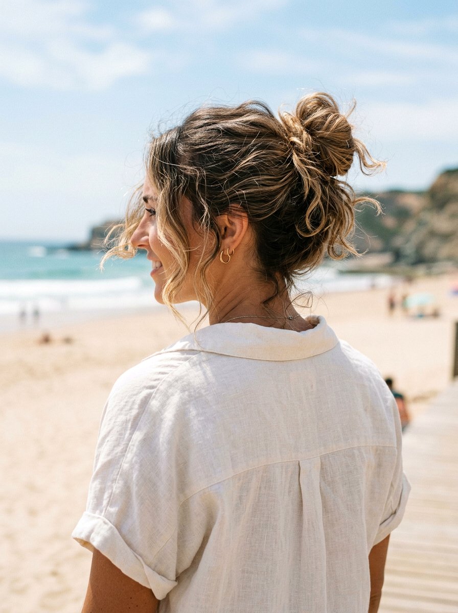 Messy Beach Bun - 20 simple hairstyle for beach trip - 20 simple hairstyle for beach trip
