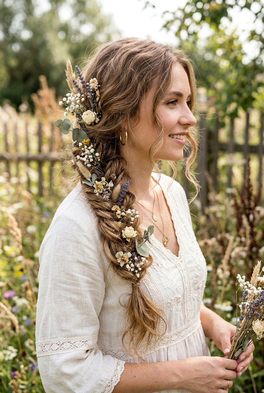 Messy Boho Braid With Dried Flowers - 20 boho braid with dried flowers - 20 boho braid with dried flowers