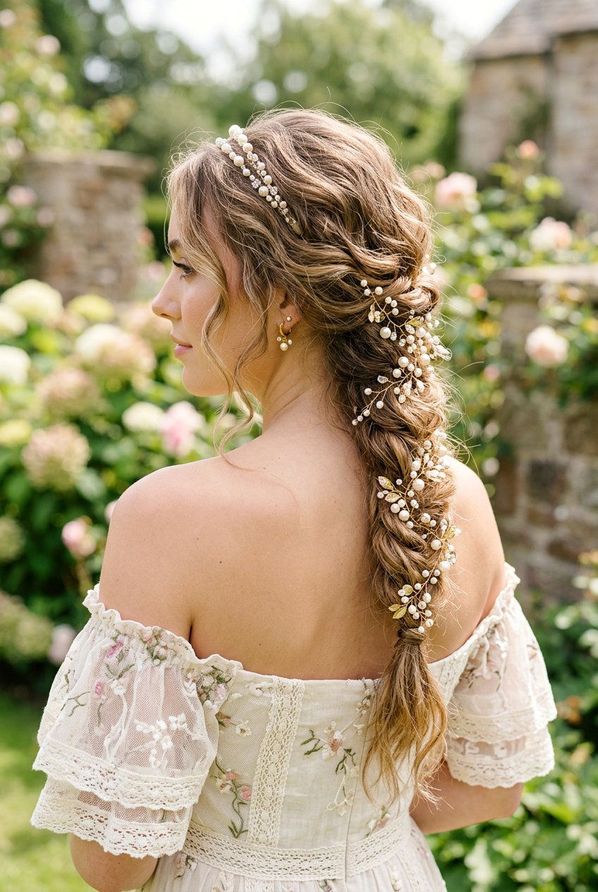 Messy Boho Braid With Pearl Headband - 20 bridal hairstyle with pearl headband - 20 bridal hairstyle with pearl headband