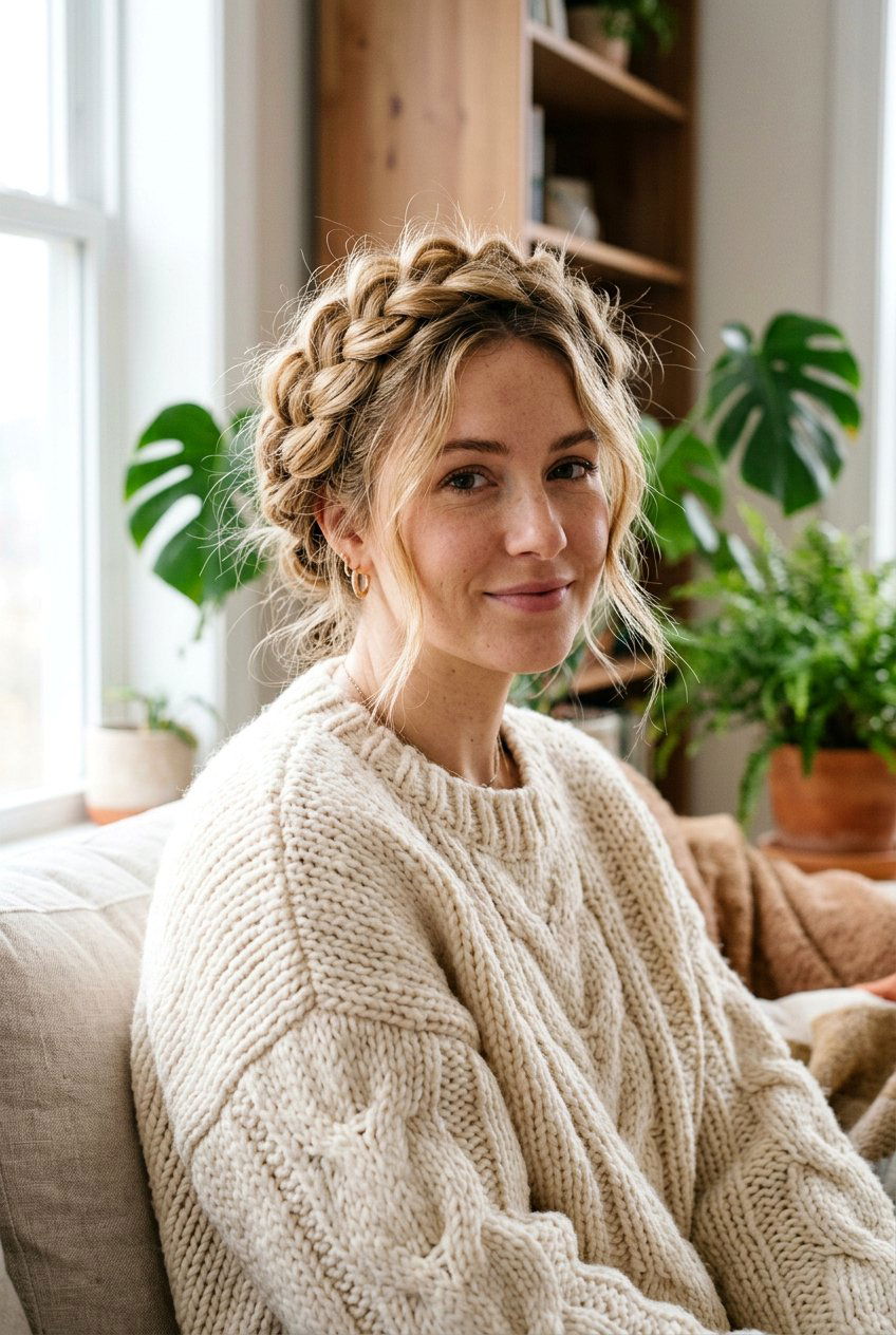 Messy Braid Crown - 20 cottagecore braid crown hairstyle - 20 cottagecore braid crown hairstyle