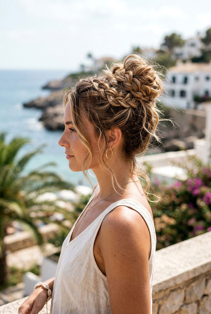 Messy Braided Bun For Beach - 20 beach braid hairstyles for vacation - 20 beach braid hairstyles for vacation