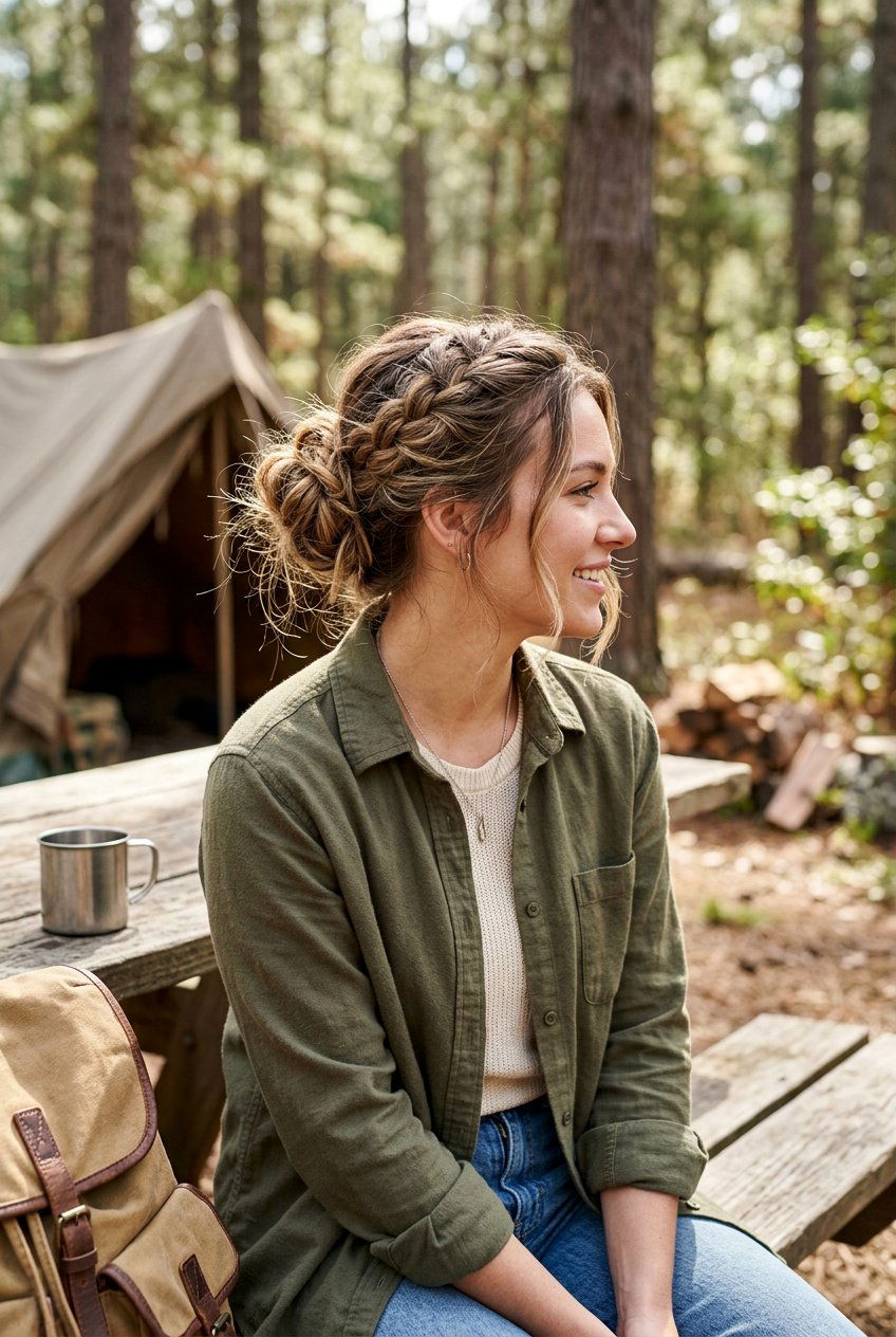 Messy Braided Bun For Camping - 20 camping braid bun hairstyle - 20 camping braid bun hairstyle