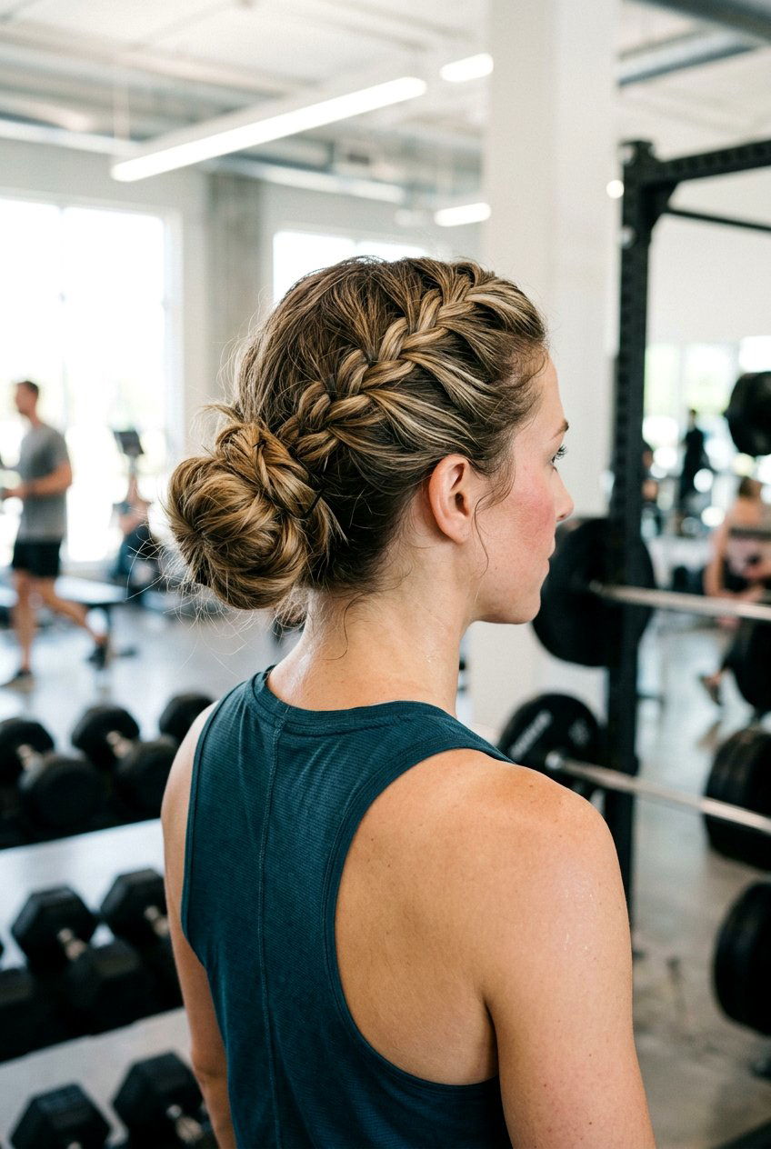 Messy Braided Bun For Gym - 20 gym braid bun hairstyle - 20 gym braid bun hairstyle
